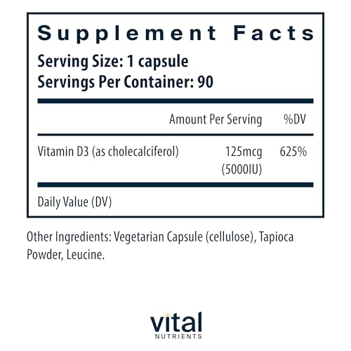 Vital Nutrients Vitamin D 5000 IU | Vitamin D3 Supplement | Healthy Bones, Teeth, Muscles*| Cellular & Immune Function | Calcium Absorption | Gluten, Dairy and Soy Free | 90 Capsules