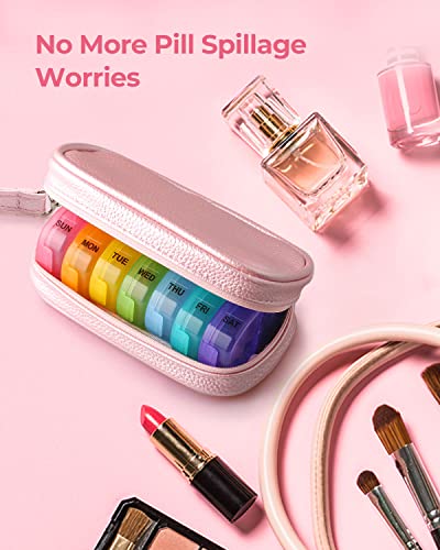 AMOOS Cute Pill Organizer 2 Times a Day, PU Leather Pill Case for Women, Portable Weekly Pill Box for Purse with Storage Bag to Hold Vitamins/Medications/Fish Oils/Supplements, Pink