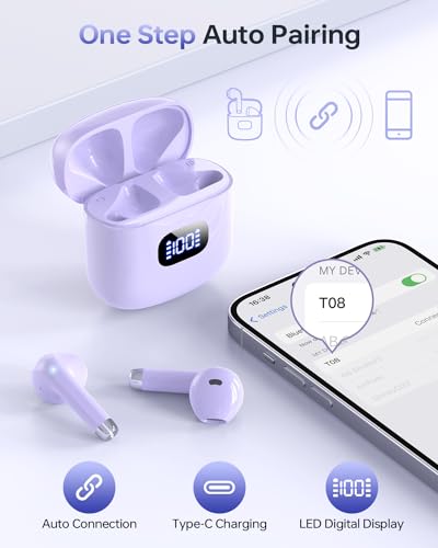KTGEE Wireless Earbuds, Bluetooth 5.3 Headphones 40Hrs Playtime with Charging Case, IPX5 Waterproof Stereo in-Ear Earphones with Microphone for iOS Android Cell Phone Sports Workout, Light Purple