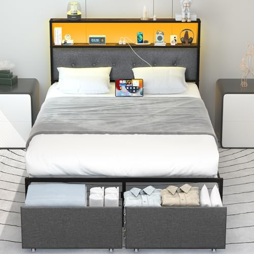 Yoobure Full Size Bed Frame with Headboard, Metal Platform Bed Frame Full Size, Noise Free Heavy Duty Bed Frames with Storage Drawers, Bedframe with Charging Station & LED Light, Black