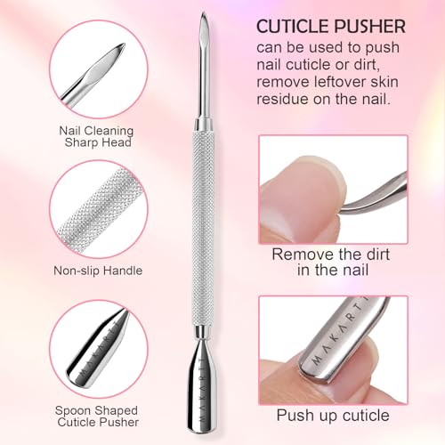 Makartt Cuticle Pushers, Pink Cuticle Knife, 2Pcs Professional Stainless Steel Dual Ended Cuticle Remover with Spoon Pusher, Cutter, Scraper & Dead Skin Fork for Manicure Pedicure Nail Care Kit