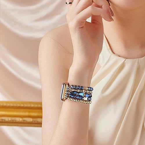 V-MORO Beaded Bracelet Band Compatible with Apple Watch Bands 38mm/40mm/41mm Women, Dressy Fancy Crystal Elastic Stretchy Strap for iwatch Series 8/7/SE/6/5/4/3/2/1 Blue