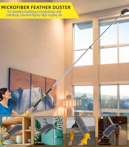 20 Foot High Ceiling Duster Kits with 5-12ft Heavy Duty Extension Pole, High Reach Duster for Cleaning,Microfiber Feather Duster,Cobweb Duster,Ceiling Fan Duster,Window Squeegee & Cleaner