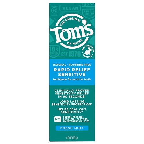 Tom's of Maine Fluoride-Free Rapid Relief Sensitive Toothpaste, Fresh Mint, 4 oz. 3-Pack (Packaging May Vary)