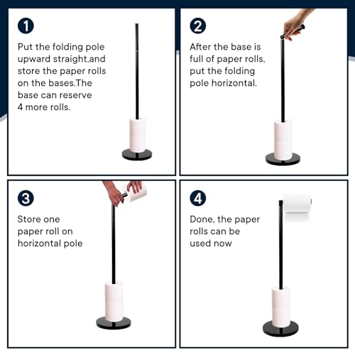 Toilet Paper Holder Stand with Weighted Natural Marble Base, Bathroom Free Standing Toilet Paper Roll Holder with Reserve, Standing Toilet Tissue Holder with Storage (Black, with Storage)