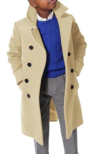 Ebifin Boys Notch Lapel Double Breasted Long Trench Coat Casual Classic Peacoat