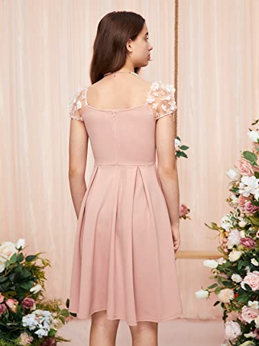 WDIRARA Girl's Appliques Mesh Puff Sleeve Square Neck Ruffle Hem Dress Pink 8-9Y