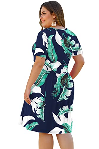 AUSELILY Women's Plus Size Round Neck Short Sleeve Swing Print Floral Pleated Dress with Pockets Knee Length (1X,Print Blue)