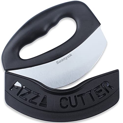 Suanyok Premium Pizza Cutter Food Chopper-Super Sharp Blade Stainless Steel Pizza Cutter Rocker Slicer with Protective Sheath Multi Function Pizza Knife Kitchen Tools,Dishwasher Safe (Black)