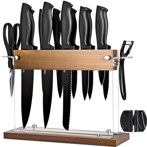 Gourmetop Kitchen Knife Set with Block 15 pcs, Kitchen Knife Block Set with Wood Acrylic Stand, Sharp Knife Set with Sharpener, Scissors, and Peeler, Black Cooking Knives Set for Kitchen Cutting