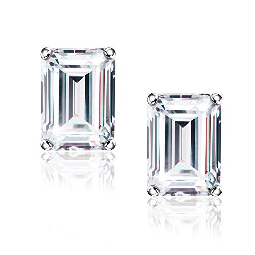 "STUNNING FLAME" 18K White Gold Plated 925 Sterling Silver Cubic Zirconia Emerald Cut Stud Earrings | CZ Studs for Women, Men and Girls (Emerald,4)