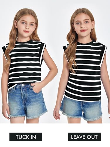 Haloumoning Girls Cap Sleeve T Shirts Summer Striped Tank Tops Tees 4-14 Years Purple