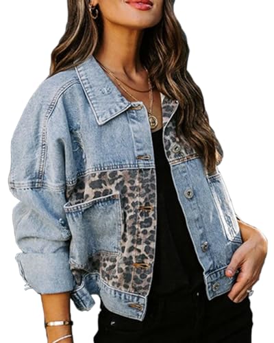 RINTONIX Womens Button Down Distressed Leopard Denim Jean Jacket Washed Long Sleeve Ripped Cheetah Jean Coat(BE-S)