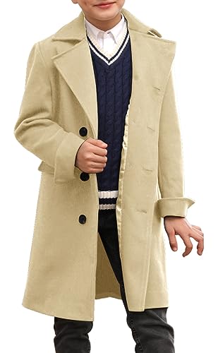 Ebifin Boys Notch Lapel Double Breasted Long Trench Coat Casual Classic Peacoat