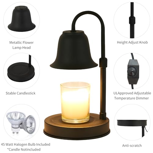 Youbetia Dimmable Candle Warmer Lamp - Height Adjustable Candle Warmer, Candle Lamp for Large Size Jar Candles, Electric Candle Wax Warmer Lamp with 2 Bulbs(Black)