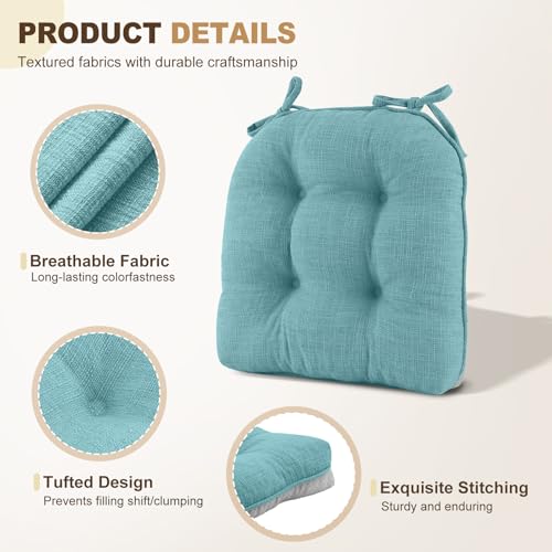 downluxe Indoor Chair Cushions for Dining Chairs, Tufted Overstuffed Textured Memory Foam Kitchen Chair Pads with Ties and Non-Slip Backing, 15.5" x 15.5" x 4", Red, 4 Pack