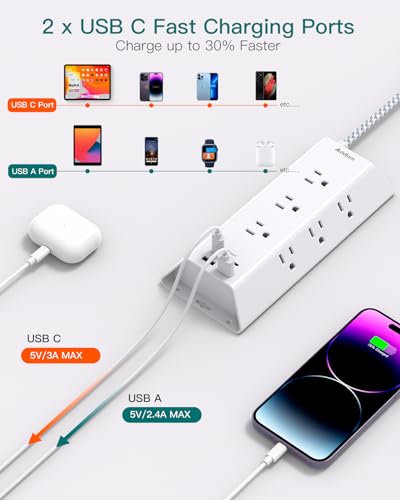 Surge Protector Power Strip, Addtam 5 ft Flat Plug Extension Cord with 4 USB Wall Charger(2 USB C Port), 9 Widely Outlets Desk Charging Station, Home Office and College Dorm Room Essentials