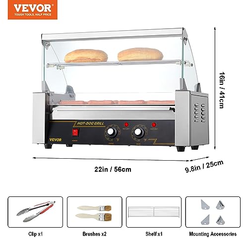 VEVOR Hot Dog Roller, 12 Hot Dog Capacity 5 Rollers, 750W Stainless Steel Cook Warmer Machine with Cover & Dual Temp Control, LED Light & Detachable Drip Tray, Sausage Grill Cooker