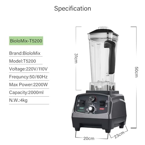 BioloMix Professional Countertop Blender, Blender for Kitchen Max 2200W High Power Home and Commercial Blender with Timer, Smoothie Blender for Crushing Ice, Frozen Fruit, Soup,Fresh Juice(Standard)