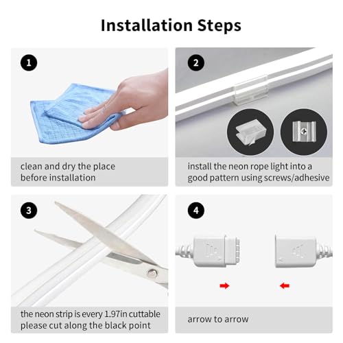 Ustarus Neon LED Strip Lights White Dimmable 20ft 24V 2700K-6500K, Rope Tape Light IP65 Waterproof with Remote, LED Ribbon for Kitchen Under Cabinet Bedroom Mirror Indoor Daylight Warm White
