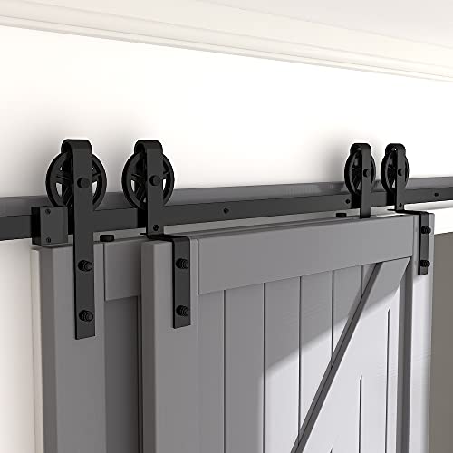 skysen 12FT Heavy Duty Sliding Barn Door Hardware Single Track Bypass Double Door Kit Black(Bypass Big Spoke Wheel-1)