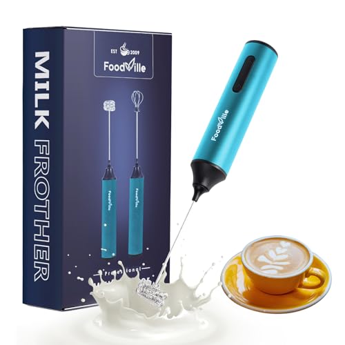 FoodVille MF05 Rechargeable Milk Frother USB Charging Handheld Foam Maker with Stainless Balloon Whisk for Cappuccino, Latte, Bulletproof Coffee, Keto Diet, Protein Powder, Matcha (Azure Blue)