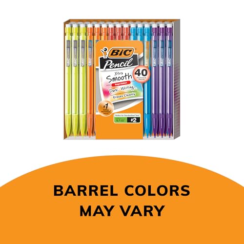 BIC Xtra-Smooth Mechanical Pencils with Erasers (MPCE40-BLK), Bright Edition Medium Point (0.7mm), 40-Count Pack, Bulk Mechanical Pencils for School, Barrel Colors May Vary