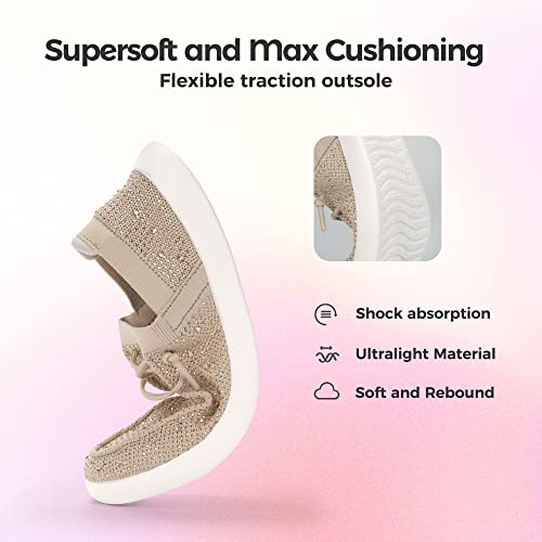 BELOS Women's Rhinestone Lace Up Loafers Shoes Comfortable Slip On Mesh Knit Walking Shoes Fashion Lightweight Sparkly Glitter Sneaker(Beige,7