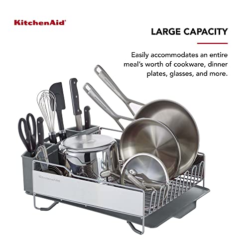 KitchenAid Large Capacity,Full Size, Rust Resistan Dish Rack Angled Drain Board and Removable Flatware Caddy, Light Grey