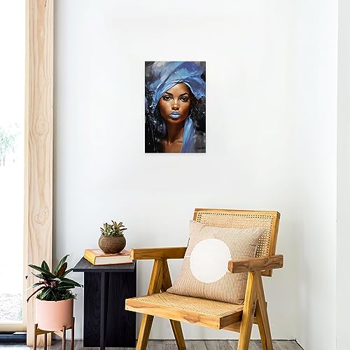 DOARTDO African American Canvas Wall Art Black Women Blue Hair Scarf Pictures Abstract Wall Paintings Black Girl Art Print Framed (12.00" x 18.00", Blue)