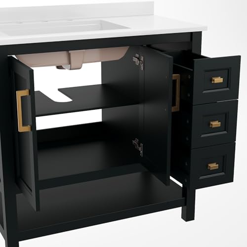 Flash Furniture Vega 36 Inch Bathroom Vanity with Sink, Storage Cabinet with Soft Close Doors, Open Shelf and 3 Drawers, Carrara Marble Finish Countertop, Black/Gold