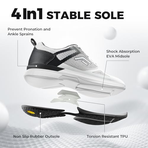 FitVille Wide Pickleball Shoes for Men, All Court Tennis Sneakers Shoes with Arch Support White Grey