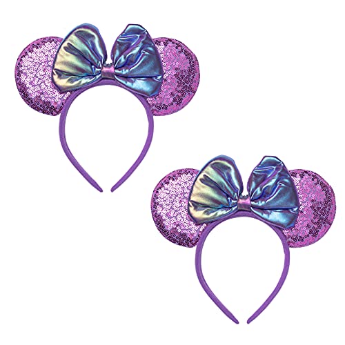 ZYTJ 2 Pcs Mouse Ears Headbands,Shiny Bows Mouse Ears Headbands for Birthday Parties, Themed Events, A Perfect Addition to Your Trip Essentials and Accessories for Women allpurple