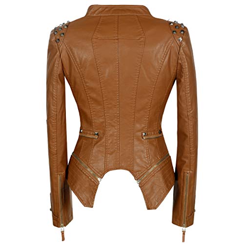 LFSS Women's classic large lapel dovetail rivet leather jacket casual personality fashion sexy punk motorcycle jacket solid color (2XS, Apricot)