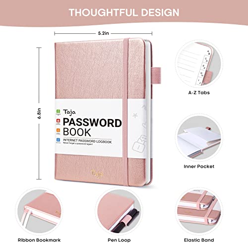 Taja Password Keeper Book with Alphabetical Tabs，Small Password Books for Seniors, Password Notebook for Internet Website Address Log in Detail, Password Logbook to Help You Stay Organized - Rose Gold