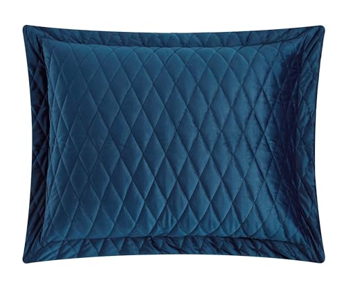 New York & Company Wafa 3 Piece Velvet Quilt Set Diamond Stitched Pattern Bedding - Pillow Shams Included, Queen, Blue