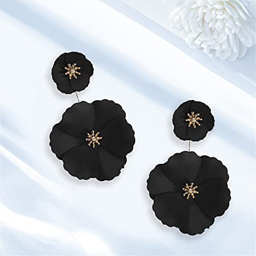 WUWEIJIAJIA Unique Bohemian Flower Dangle Earrings Boho Layered Floral Petal Drop Earring (Black)