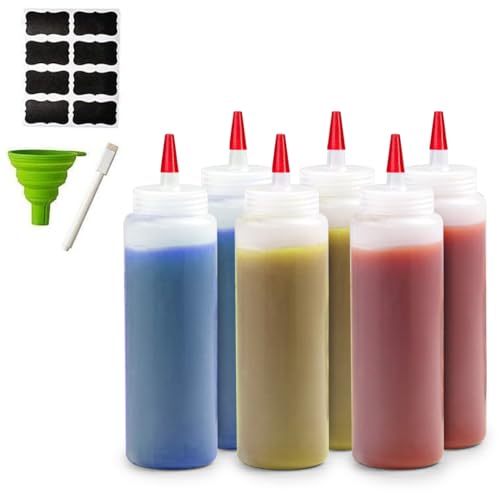 6-Pack Condiment Squeeze Bottles for Sauces - Includes Funnel, Erasable Marker & Reusable Labels, Perfect for Salad Dressings, Liquids, and Ketchup, Durable Plastic 4 oz Bottles