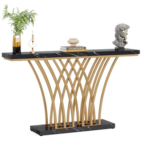 LITTLE TREE Narrow Entryway Console Table,Faux Marble Black+Gold