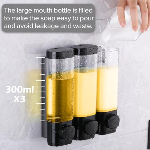 3-Chamber Wall Mounted Shampoo and Conditioner Dispenser,300ML Each Shower Soap Dispenser,Easy Refill,No Drip,Ideal for Shampoo,Conditioner,Body Wash for Bathroom Kitchen Hotel