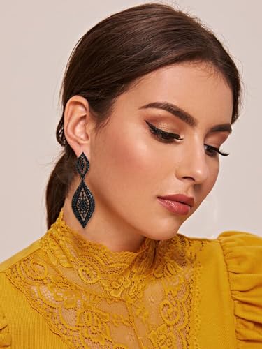 Canboer Fancy Black Rhinestone Crystal Wedding Bridal Long Dangle Drop Earrings Crystal Leaf Chandlier Earrings for Women Party Prom