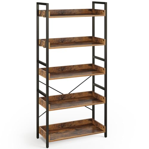 Rolanstar Bookshelf 5 Tier with 4 Hooks, Industrial Wood Bookcase, Vintage Storage Rack with Open Shelves, Rustic Standing Bookshelves Display Rack for Living Room, Bedroom, Rustic Brown