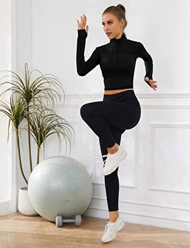 UANEO Long Sleeve Cropped Workout Tops for Women Gym Yoga Athletic Tops 1/2 Zip Jackets (Black-XS)