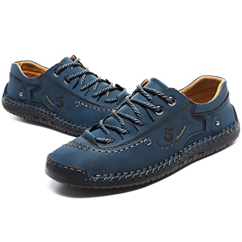 FiveStoresCity Mens Casual Shoes Summer Breathable Sneakers Loafers Walking Shoes Handmade Lace-Up Leather Dress Flats Shoes for Driving Business Working Office Blue Size 7.5