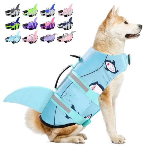 Dog Life Jacket, Large Dog Life Vest for Swimming Boating, Shark Life Jackets for Small Medium Large Dogs, Reflective Dog Lifesaver Life Preserver Swimsuit with Rescue Handle and High Buoyancy