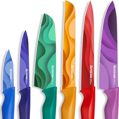 Astercook Paisley Pattern Knife Set with Cover, Dishwasher Safe Colorful Knives with 6 Knife Sheath, German Stainless Steel Rainbow Knife Set