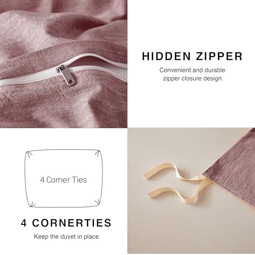 BFS HOME Linen Duvet Cover Queen Size - Soft Breathable Cotton Linen Blend, 3-Pieces Bedding Set with 2 Pillowcases, Stonewashed Texture, Off-White, All-Season Comfort