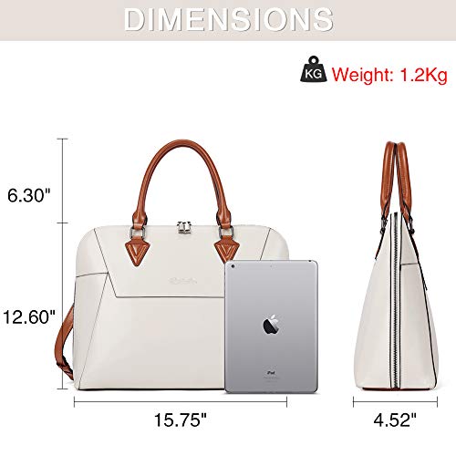 BOSTANTEN Briefcase for Women Leather 15.6 inch Laptop Shoulder Bag Office Work Crossbody Handbag Beige-White