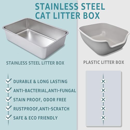 EGMEHOAD 6" Deep Stainless Steel Cat Litter Box XL Large Litter Box for Big Cats,Metal Litter Box High Sided,Easy Cleaning Metal Litter Pan Tray,Odor Proof,Non Stick,XL Stainless Steel Cat Litter Box