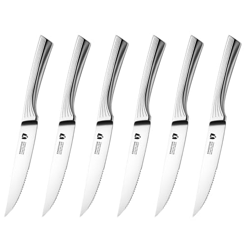 KINGSTONE 5" Steak Knives Set of 6 Pieces Kitchen Steak Knife Set German Stainless Steel Serrated Steak Knives with Gift Box Dishwasher Safe (6, sliver)